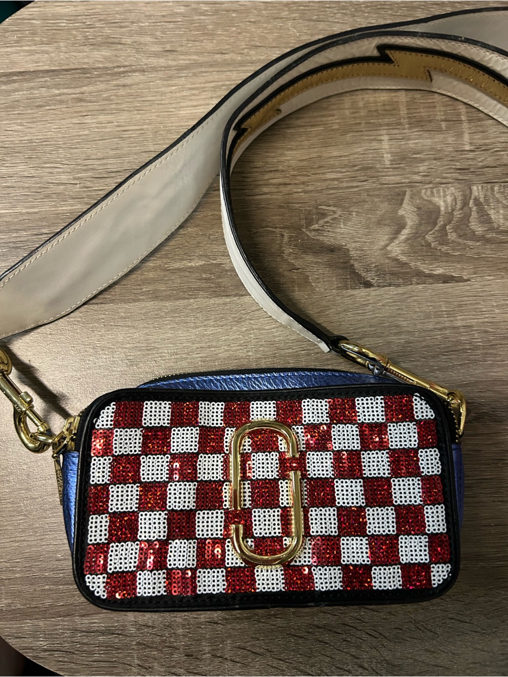 Marc Jacobs Sequinned Checker gold hardware Crossbody Bag in Red White Blue